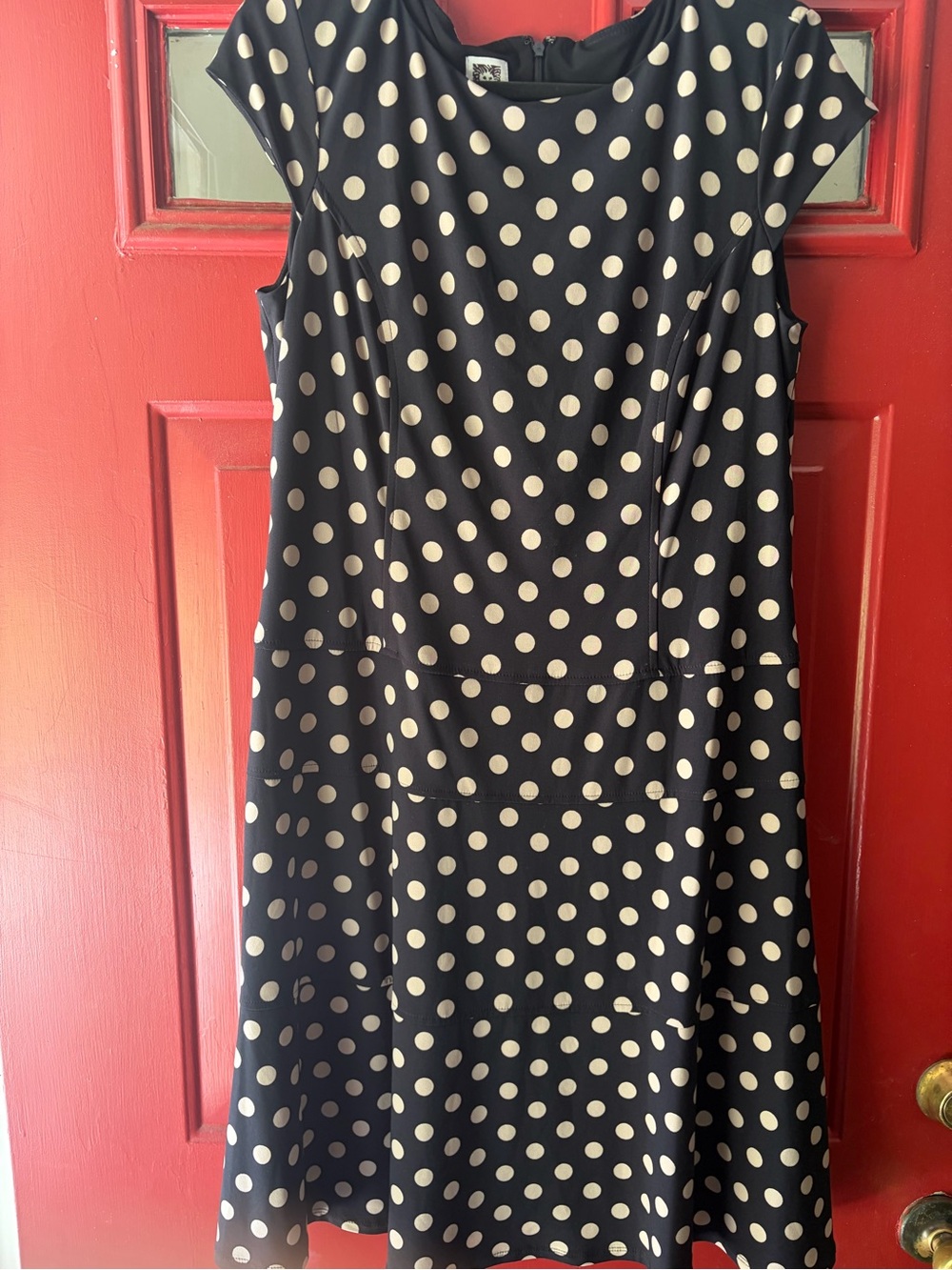 Anne Klein Black Dress Navy  with ivory Polka Dots. Size 14